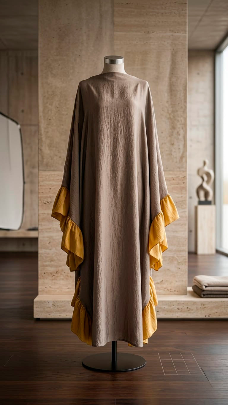 Abaya NOUR - Robe Longue Taupe à Volants Moutarde