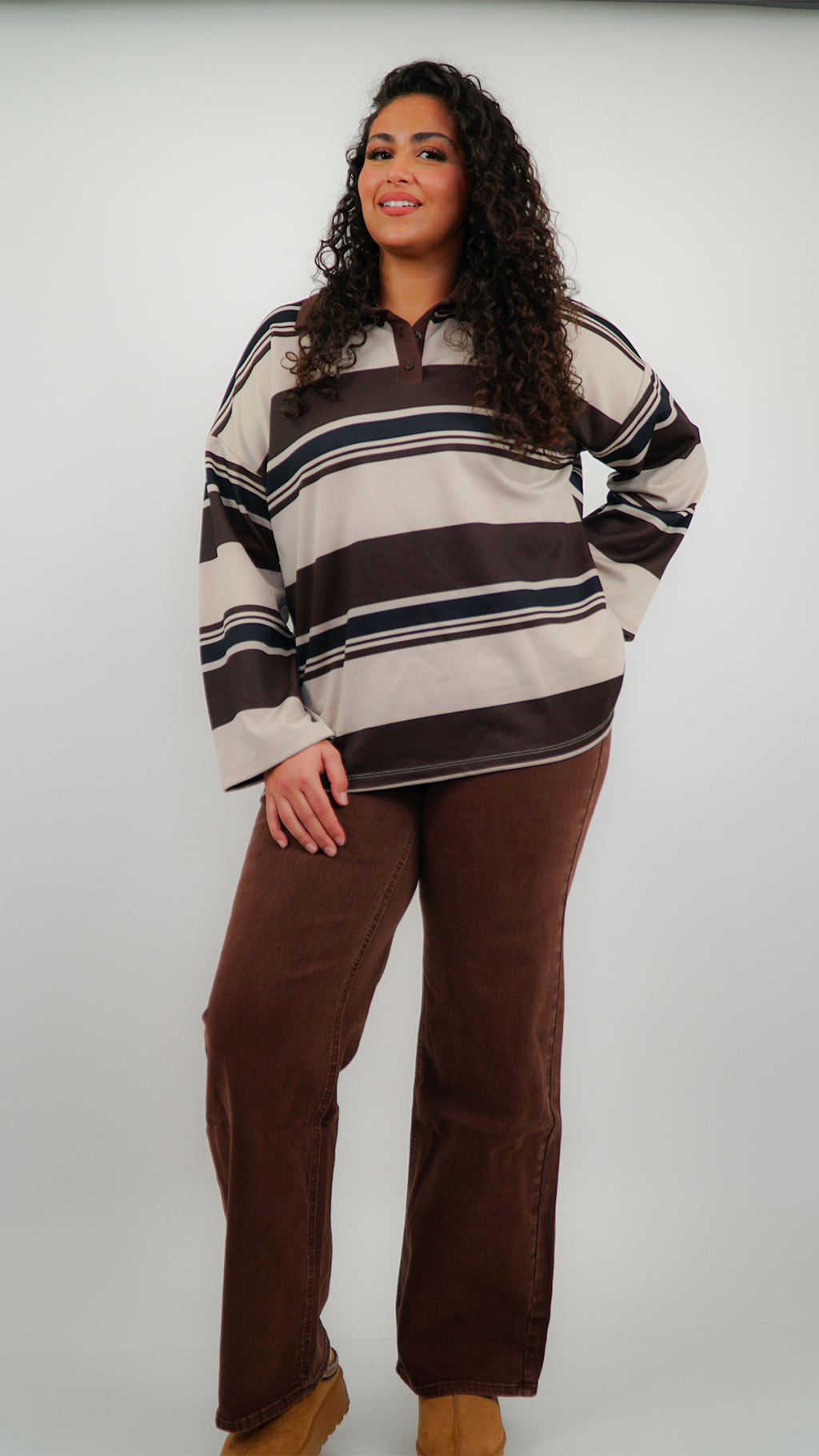 HAUT FEMME RAYÉ MARRON OVERSIZE À COL POLO,