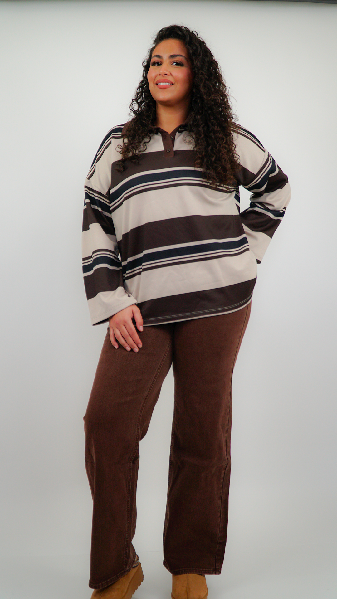 HAUT FEMME RAYÉ MARRON OVERSIZE À COL POLO,