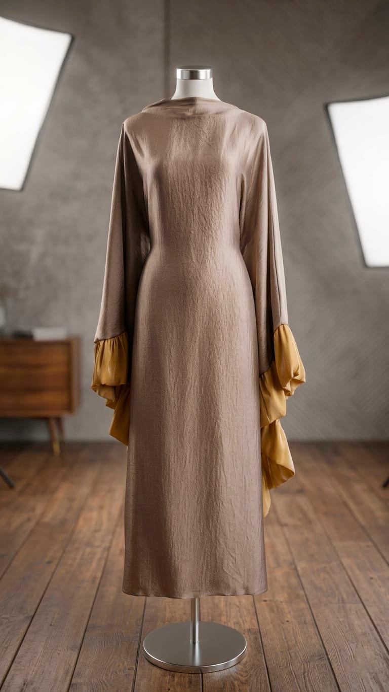 Abaya NOUR - Robe Longue Taupe à Volants Moutarde