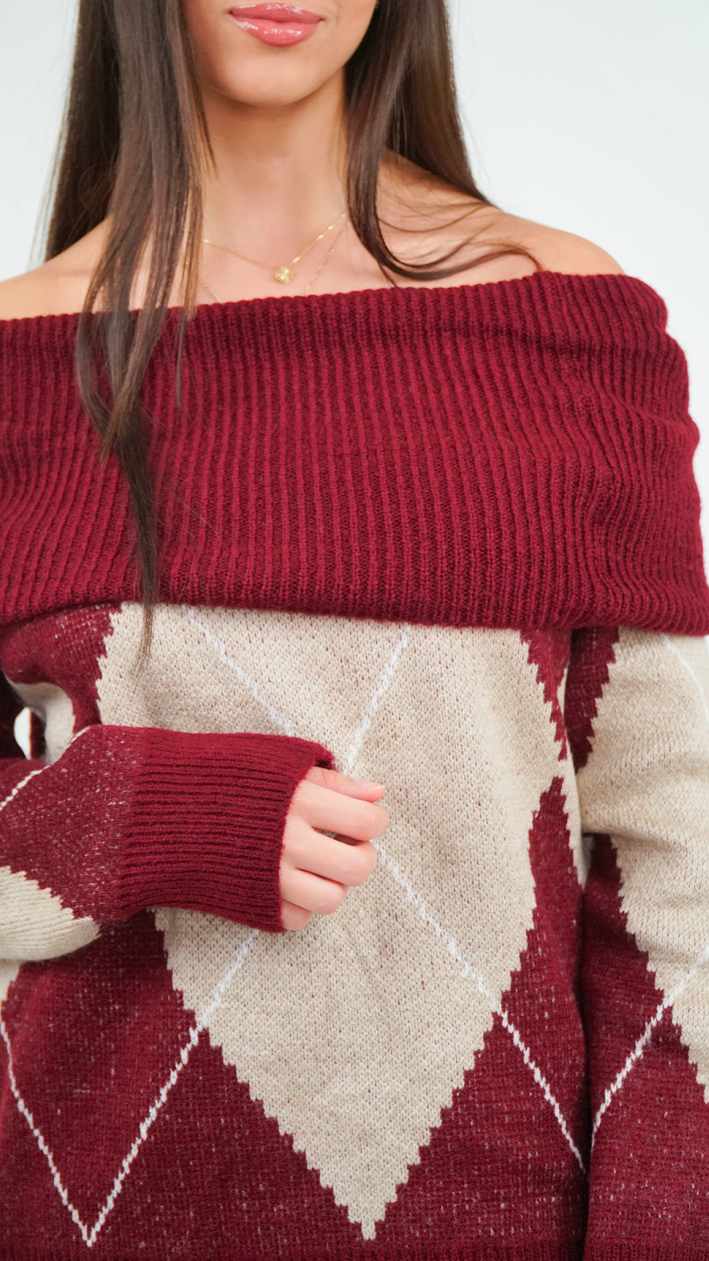 PULL FEMME À COL BATEAU BORDEAUX À MOTIF LOSANGE