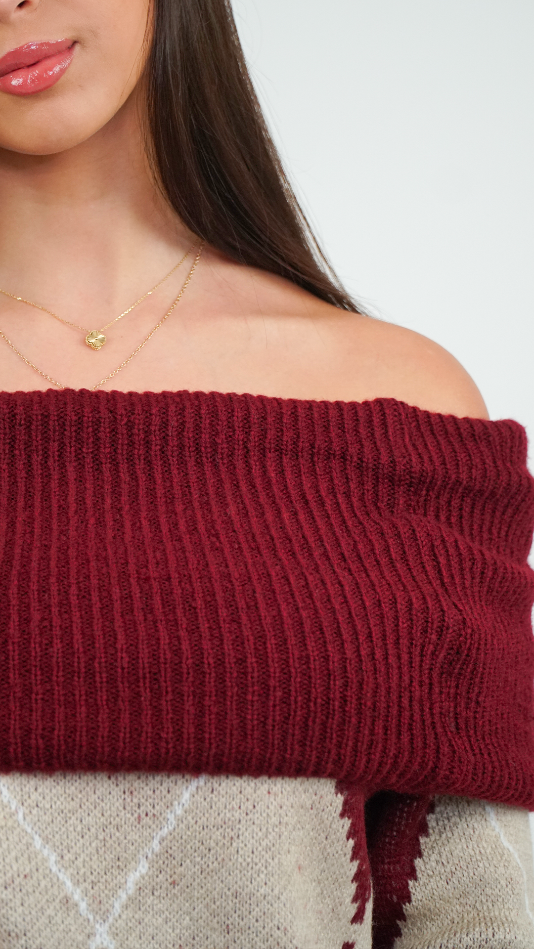 PULL FEMME À COL BATEAU BORDEAUX À MOTIF LOSANGE