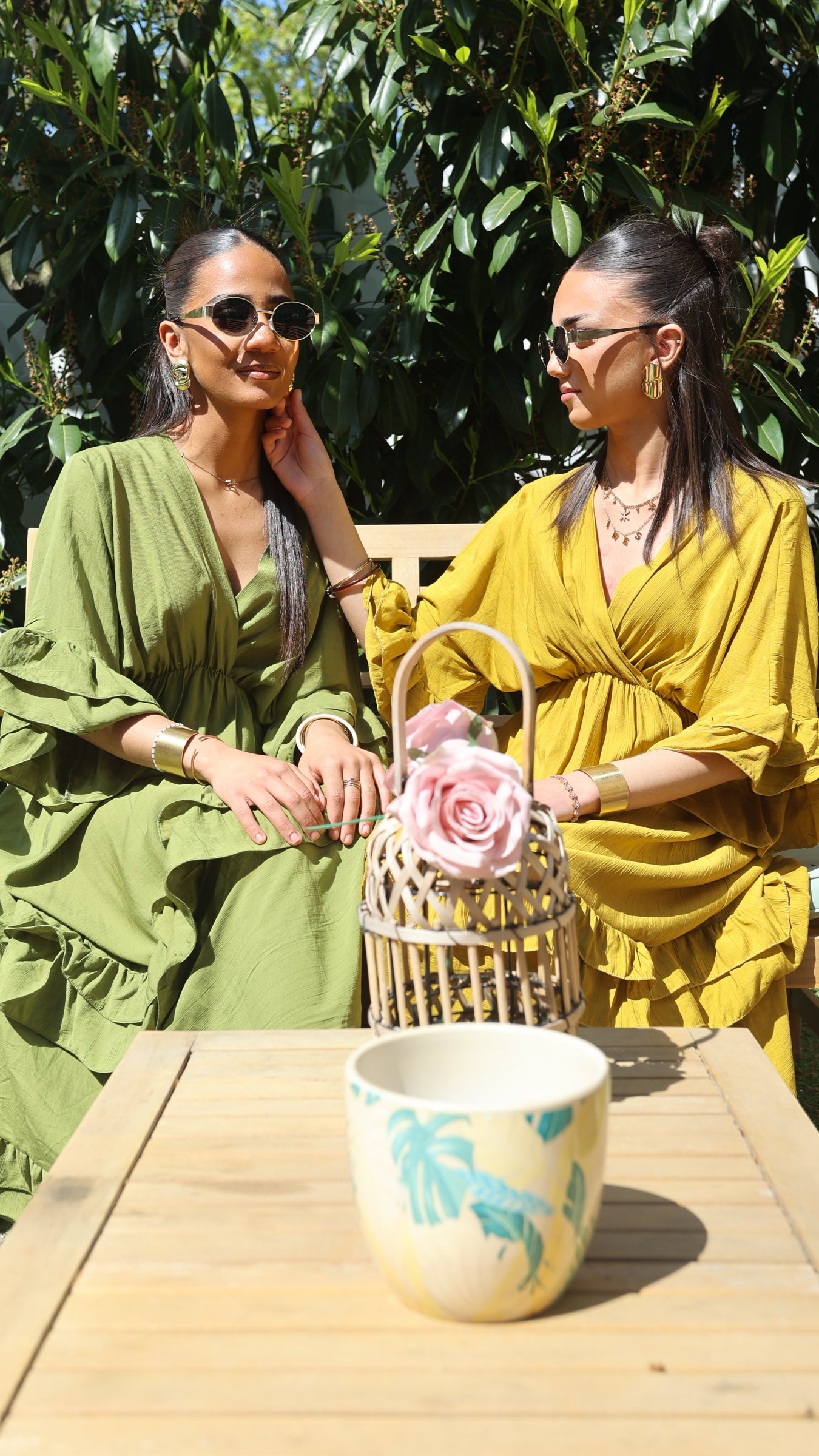 Robe Longue Bohème "Soléa" à Volants (Vert Olive & Jaune Moutarde)