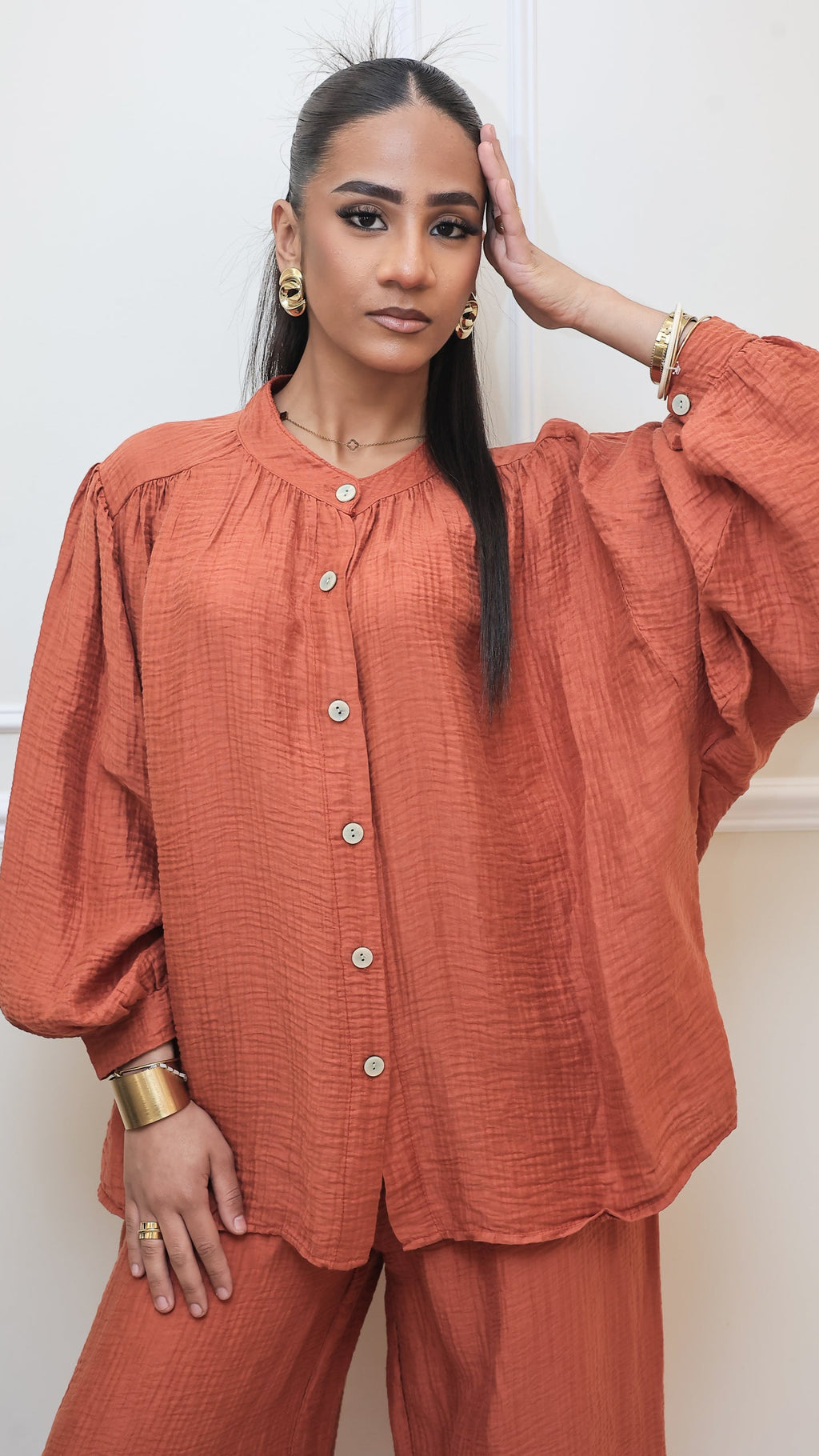 Ensemble Fluide "Alya" en Tissu Texturé (Terracotta & Kaki)