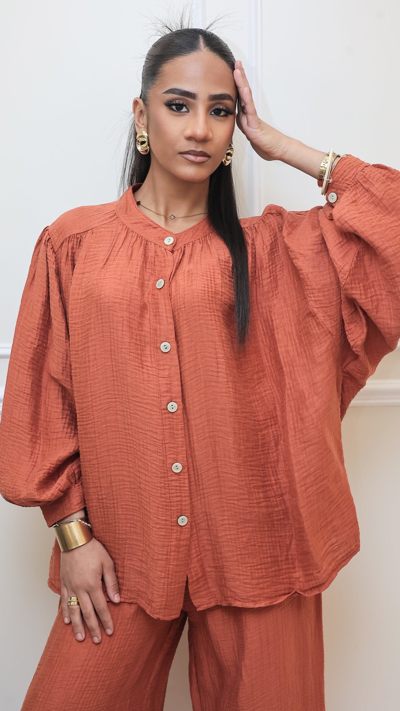 Ensemble Fluide "Alya" en Tissu Texturé (Terracotta & Kaki)