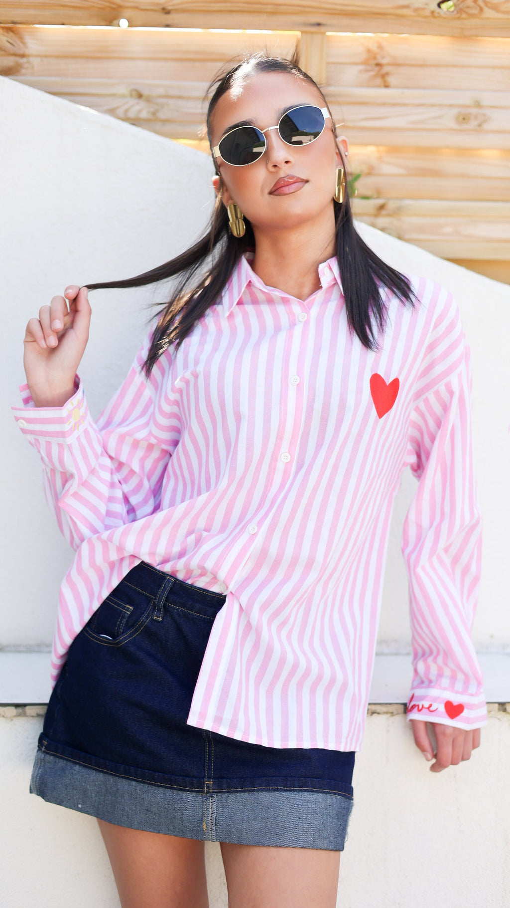 Chemise Rayée Rose Brodée Love in the Sun – Coton Oversize Femme