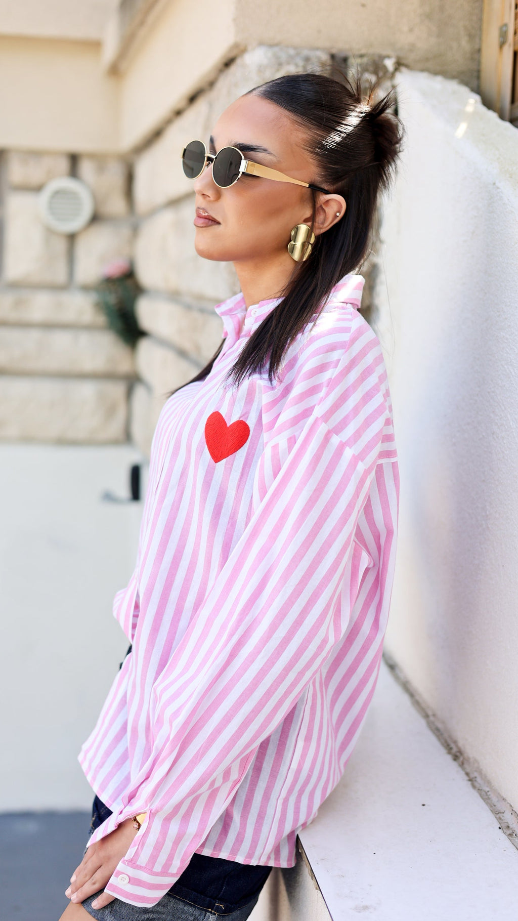 Chemise Rayée Rose Brodée Love in the Sun – Coton Oversize Femme