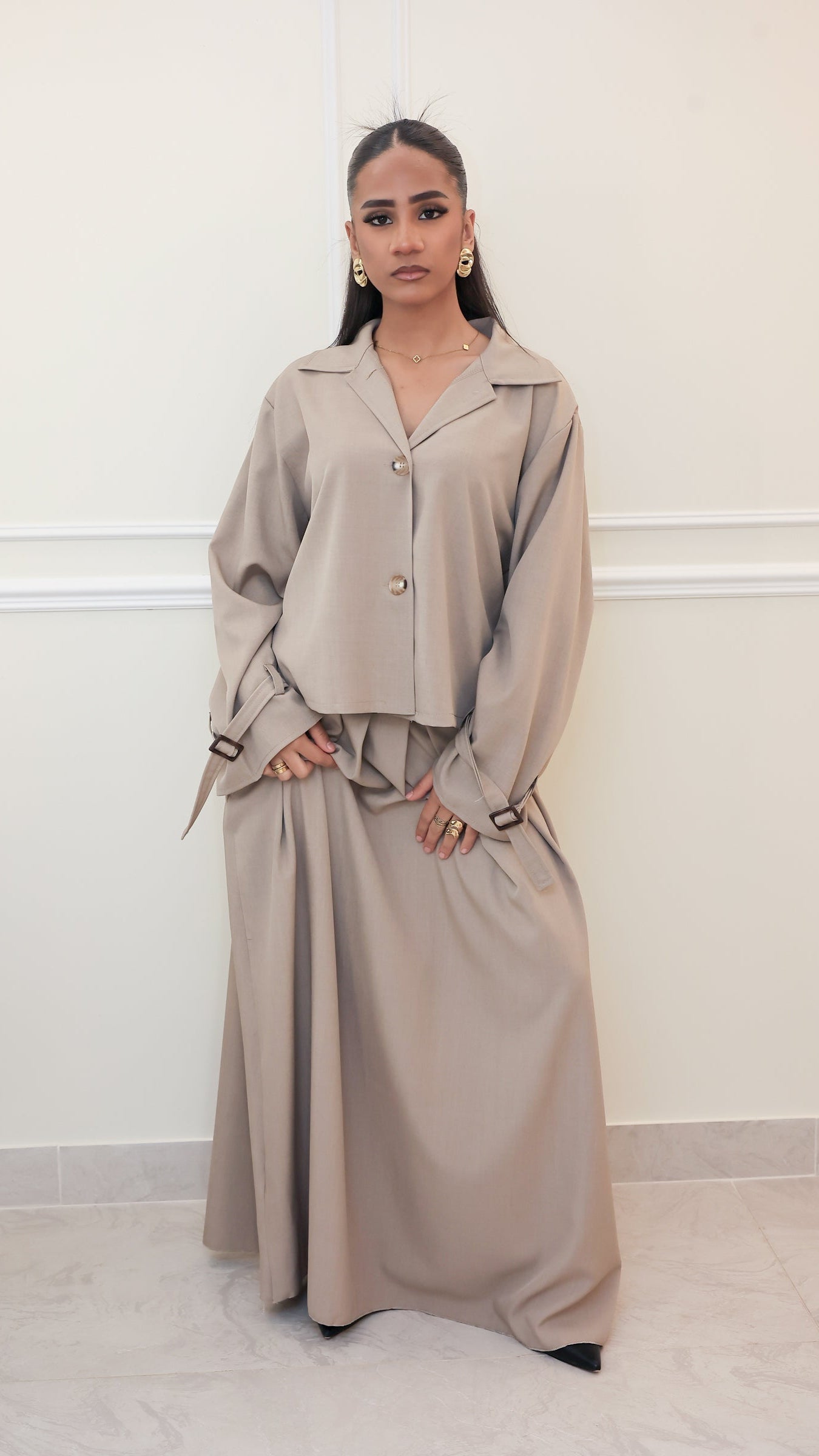 Ensemble Veste et Jupe Longue "Léna" - Beige Taupe