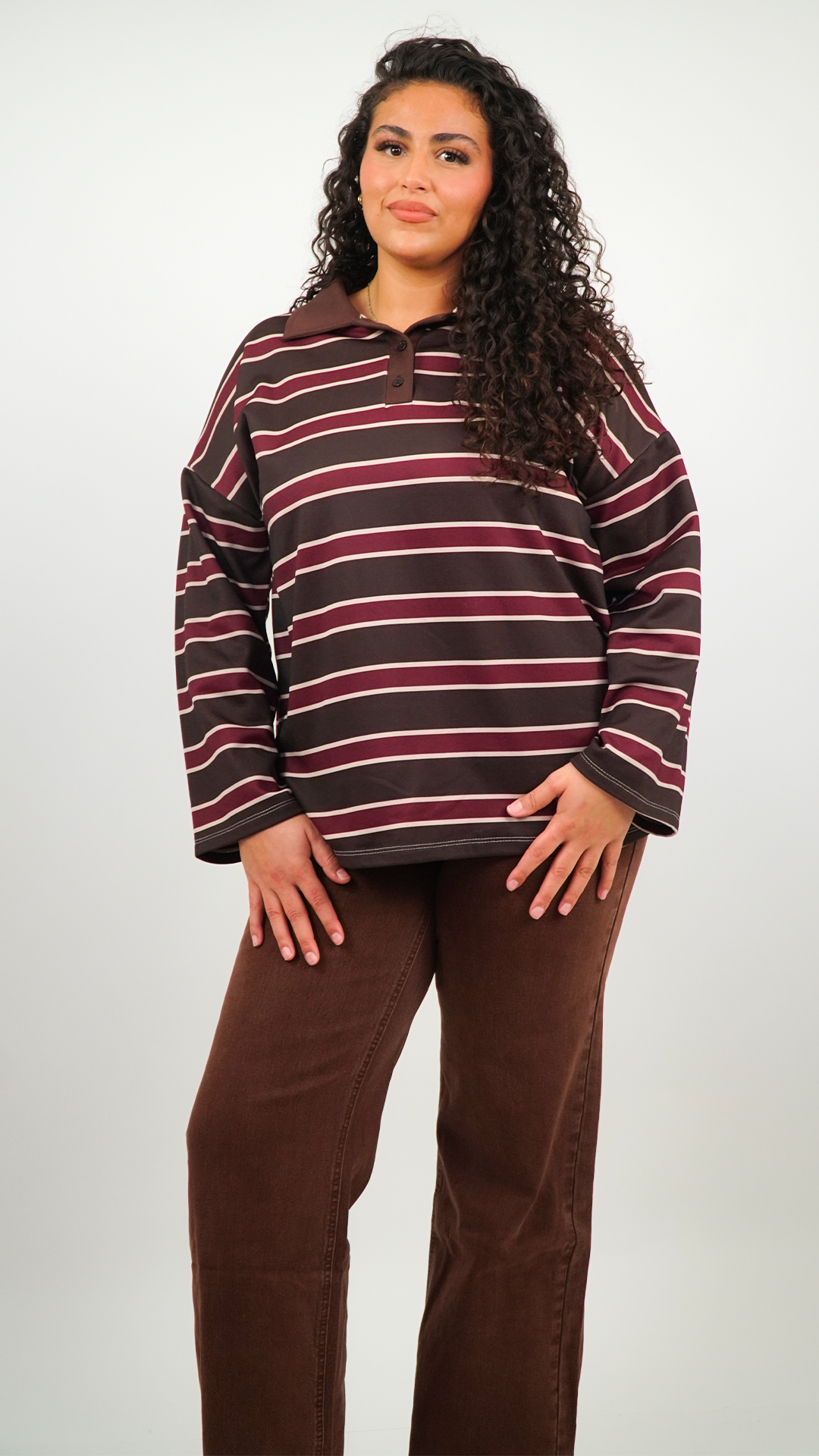HAUT FEMME RAYÉ BORDEAUX OVERSIZE À COL POLO,