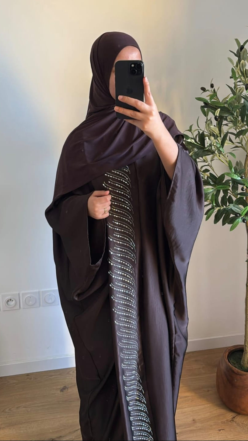 Abaya "INAYA" - Robe Longue Chocolat à Broderies Perlées
