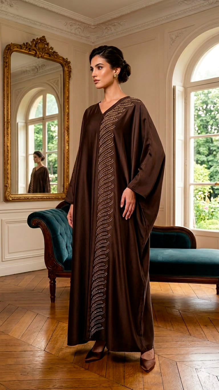 Abaya "INAYA" - Robe Longue Chocolat à Broderies Perlées