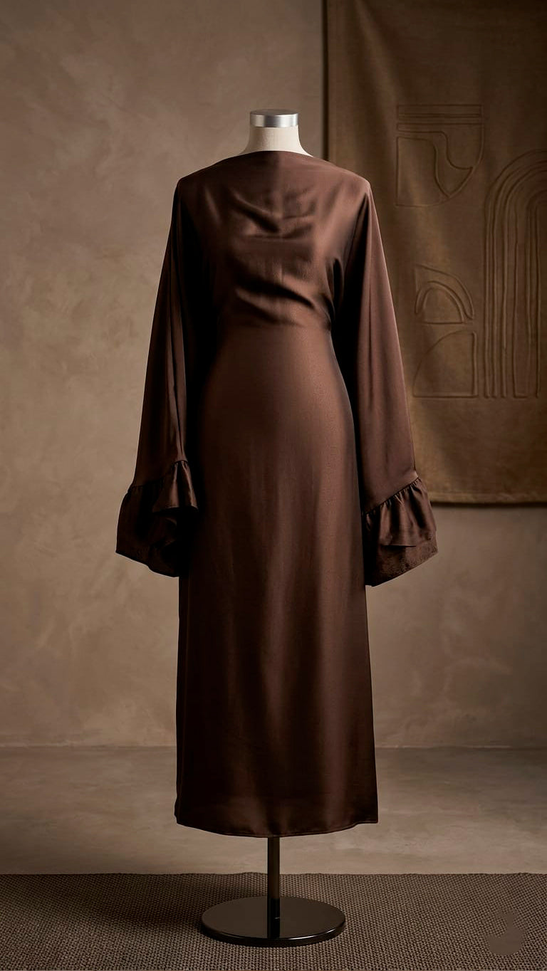 Abaya "LUNA" - Robe Longue Satinée Chocolat à Manches Volantées