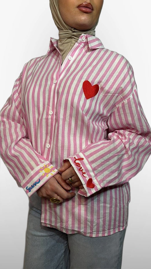 La Chemise à Rayures Cœur – Rose & Blanc
