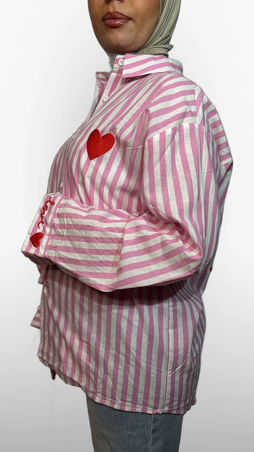 La Chemise à Rayures Cœur – Rose & Blanc