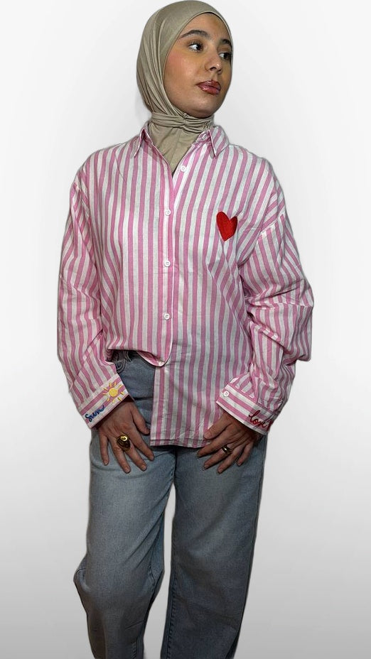 La Chemise à Rayures Cœur – Rose & Blanc