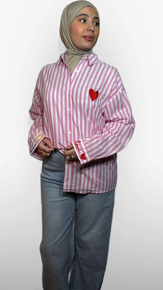 La Chemise à Rayures Cœur – Rose & Blanc