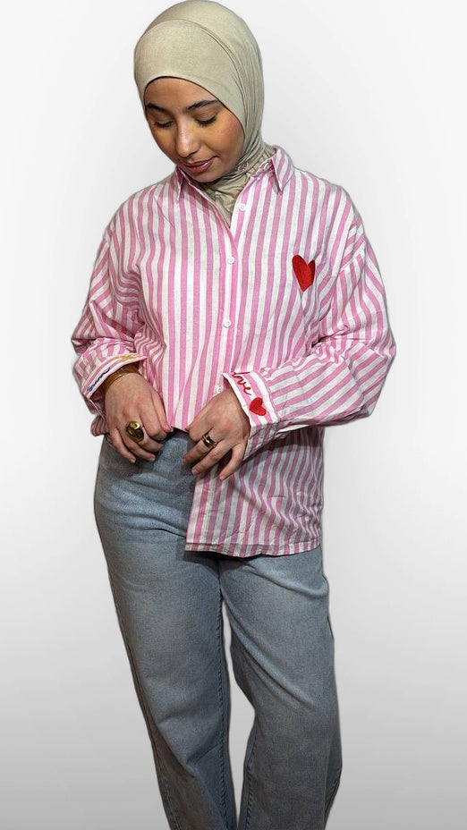 La Chemise à Rayures Cœur – Rose & Blanc