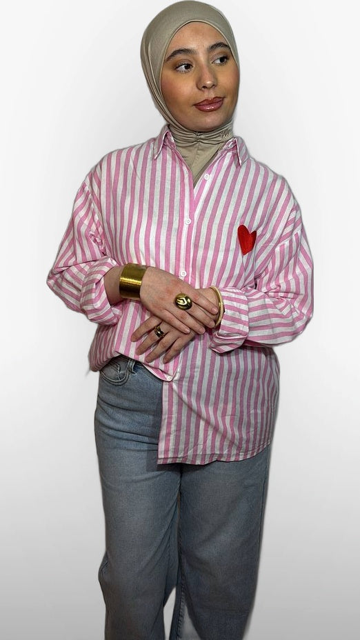 La Chemise à Rayures Cœur – Rose & Blanc