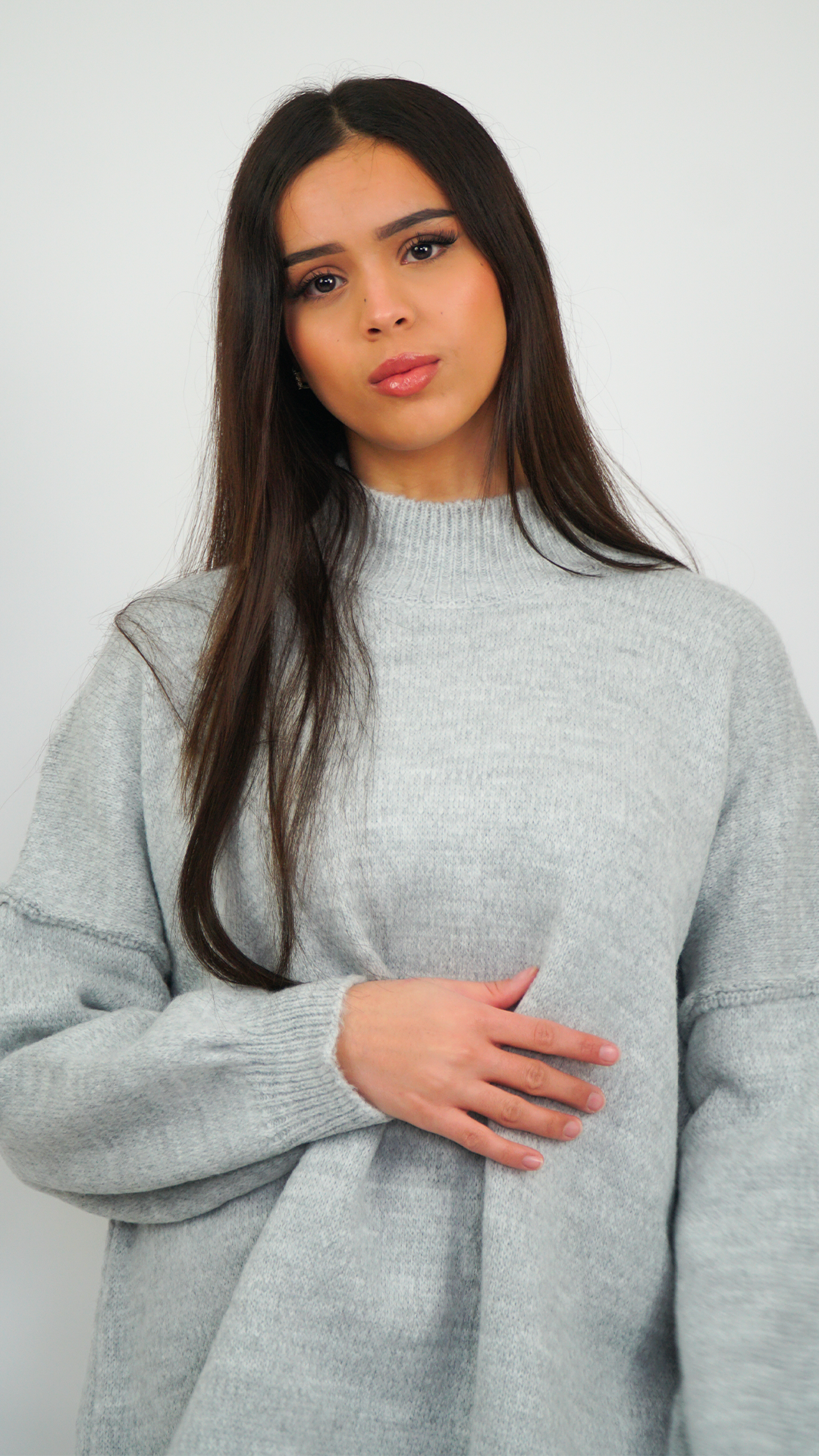 PULL FEMME GRIS COL MONTANT OVERSIZE