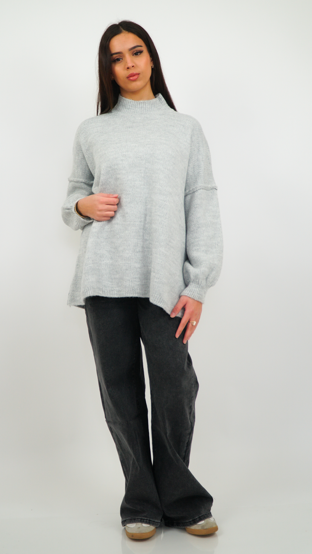 PULL FEMME GRIS COL MONTANT OVERSIZE