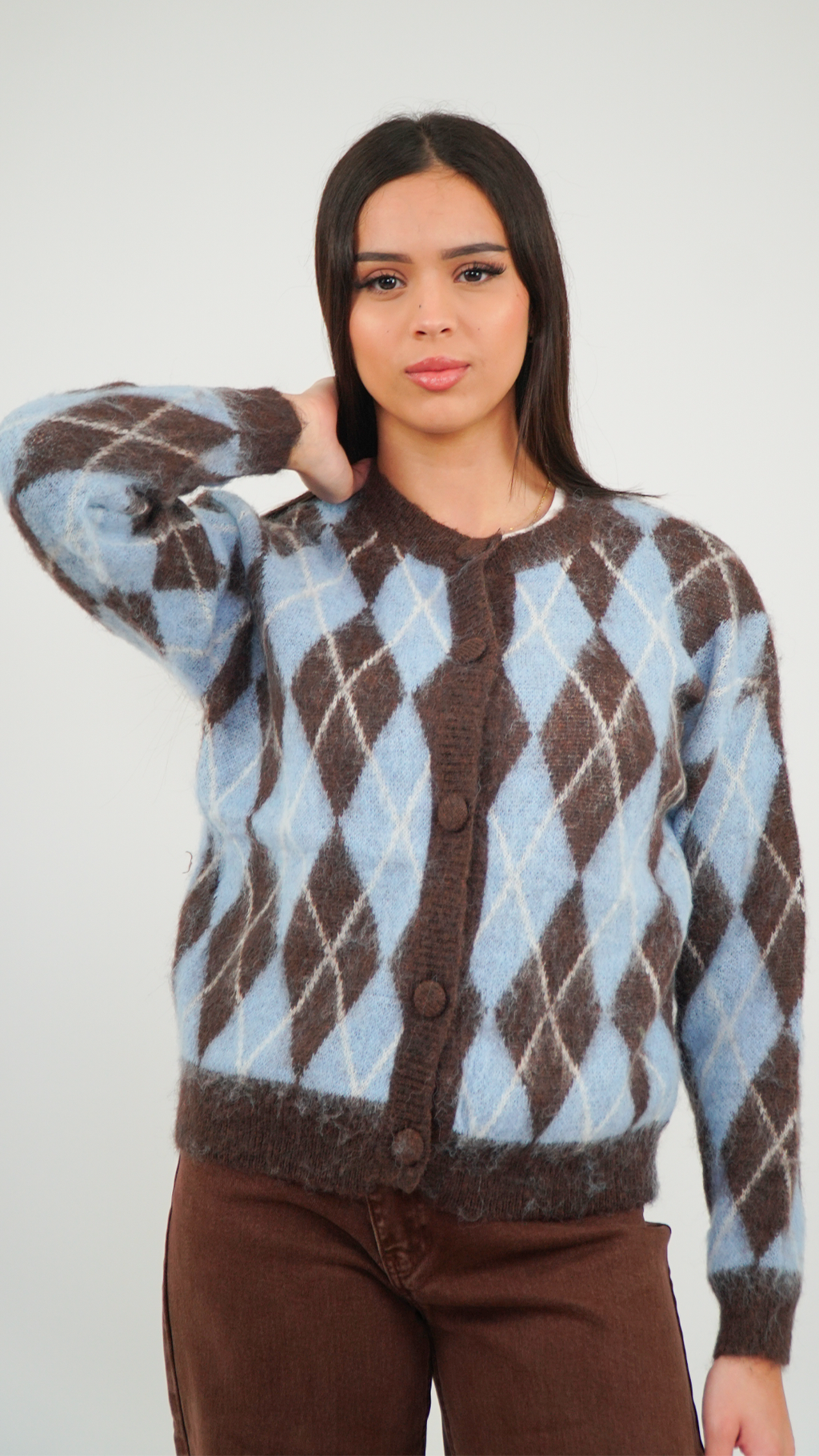 GILET À LOSANGES BLEU ET MARRON