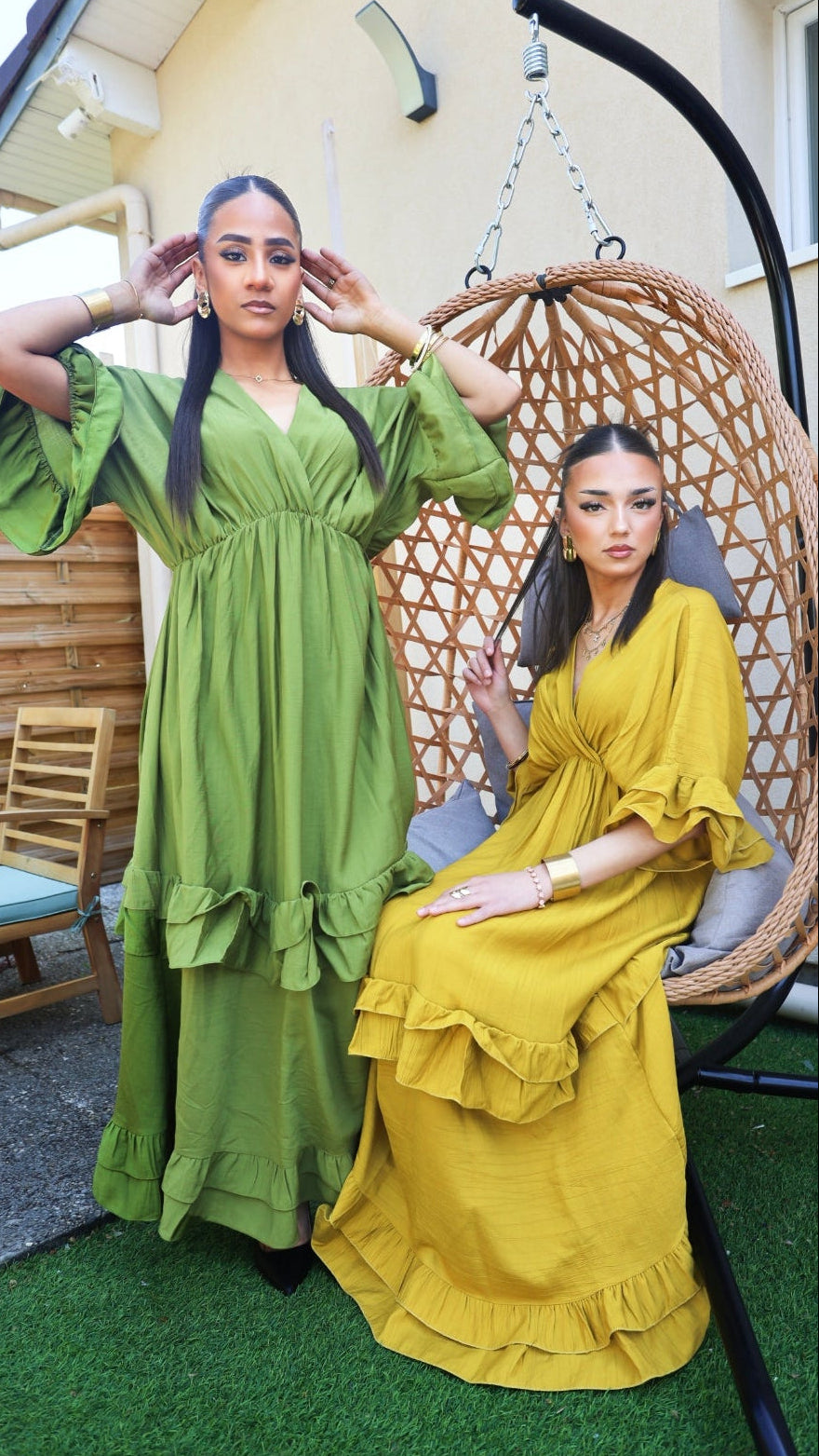 Robe Longue Bohème "Soléa" à Volants (Vert Olive & Jaune Moutarde)